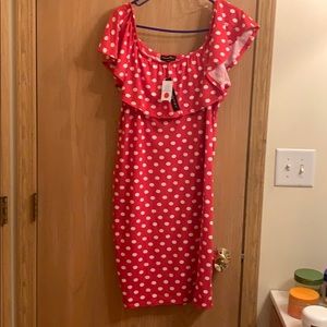 Red/White Polka Dot Off The Shoulder Dress.